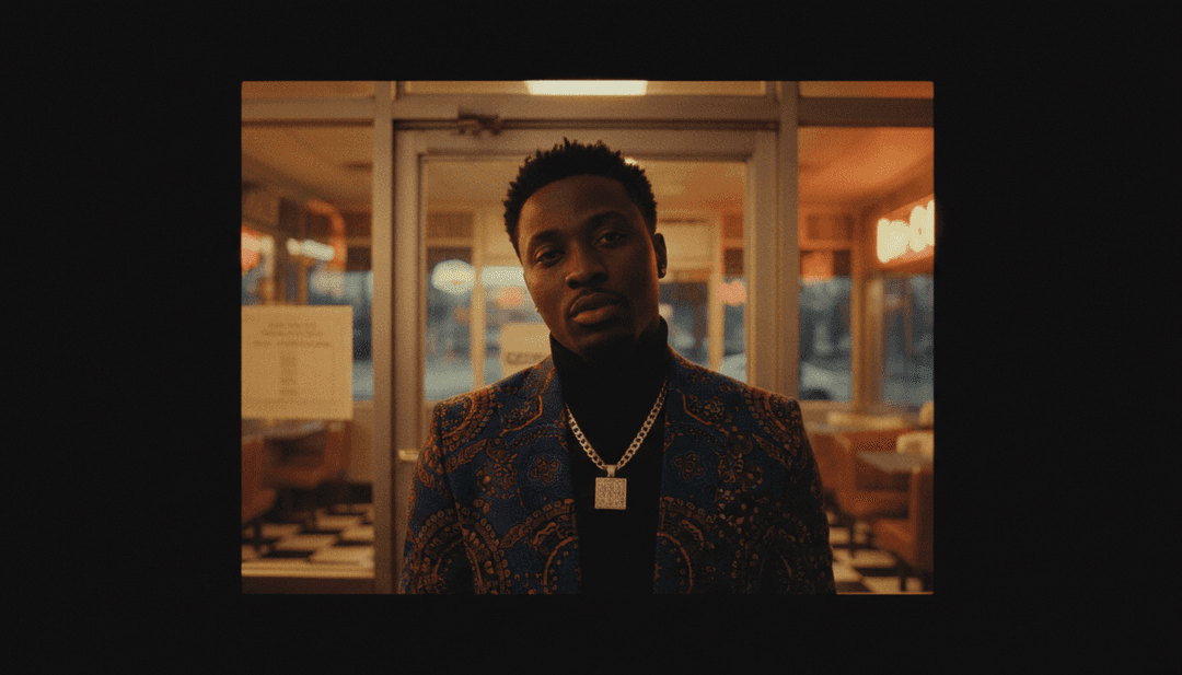 아프로비트 리듬과 팝 멜로디의 추상적인 시각적 표현으로, AI가 Seyi Vibez의 노래를 해석한 것을 상징합니다.