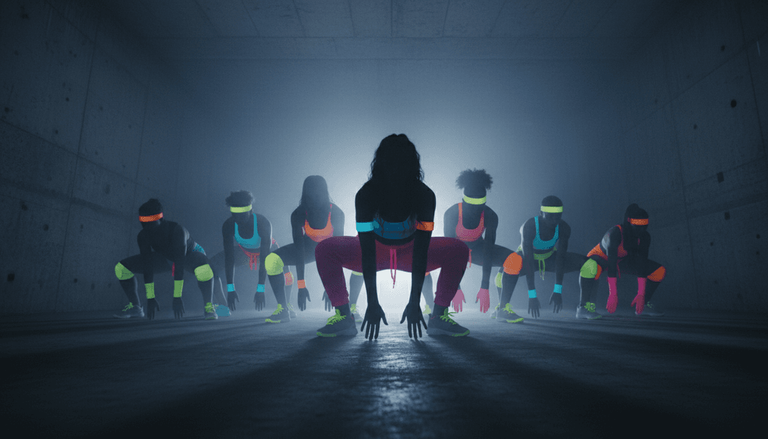 댄스홀 및 트랩 음악 요소의 추상적인 시각적 표현, 중앙 비트 펄스 주위로 소용돌이치는 생생한 색상, 뮤직 비디오에 대한 AI의 해석 능력을 보여줌.