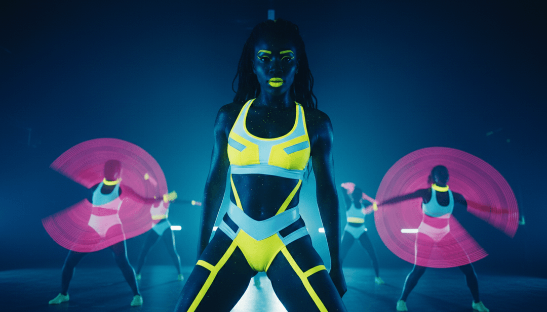 파형이 댄스 시퀀스로 변환되고, 빛나는 가사가 나타나며, 역동적인 카메라 움직임이 보이는 다층 콜라주로 MP3를 MP4로 변환하는 과정을 상징합니다.