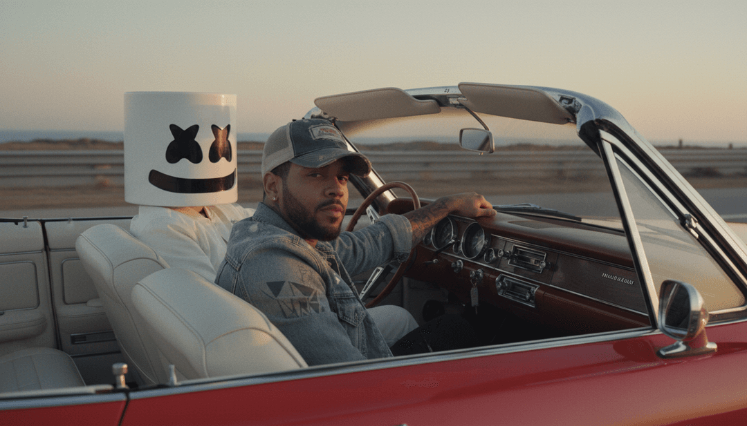 Un tableau de concepts visuels IA pour "Miles On It" de Marshmello et Kane Brown, mêlant des images de road trip campagnard à des effets numériques futuristes et des notes de musique.