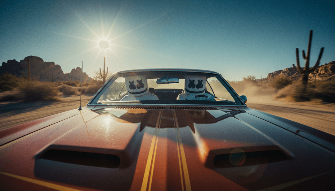 Une image fixe de clip musical générée par IA montrant le logo "Miles On It" avec un écran partagé, un côté une route de campagne au coucher du soleil, l'autre une table de mixage DJ avec des lumières brillantes.