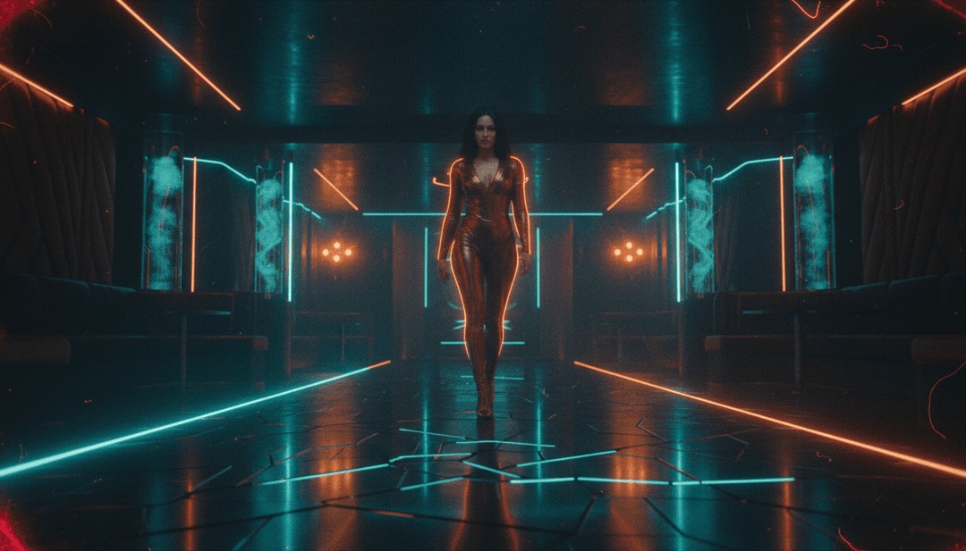 代表 'Addicted' 的聲波抽象視覺化,轉化為光線和數據,象徵著 AI 的詮釋。