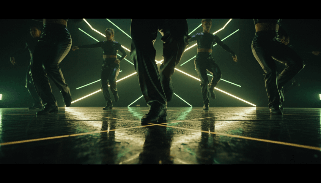 Representação visual dinâmica de elementos da música 'Dirty Cash (Money Talks)' como batidas de baixo e ganchos vocais transformando-se em cenas urbanas animadas e visuais de clube de alta energia.