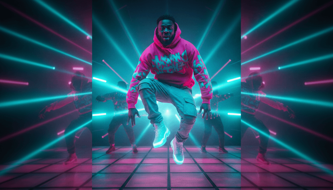 Scènes de clip vidéo dynamiques générées par l'IA, montrant des danseurs sous des lumières néon, des reflets abstraits de boule disco et des `paroles` animées se synchronisant parfaitement avec les rythmes énergiques de Friday.