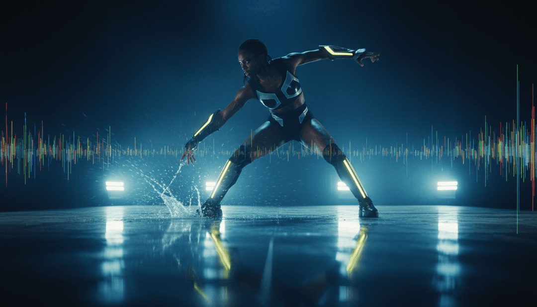 Dynamische Montage von Visuals, die die Übersetzung von Creeds' 'Push Up - Main Edit' Sounds in Szenen darstellen: eine Bassline, die sich in eine urbane Lichtershow verwandelt, Synth-Arpeggios, die zu Sternenspuren werden.