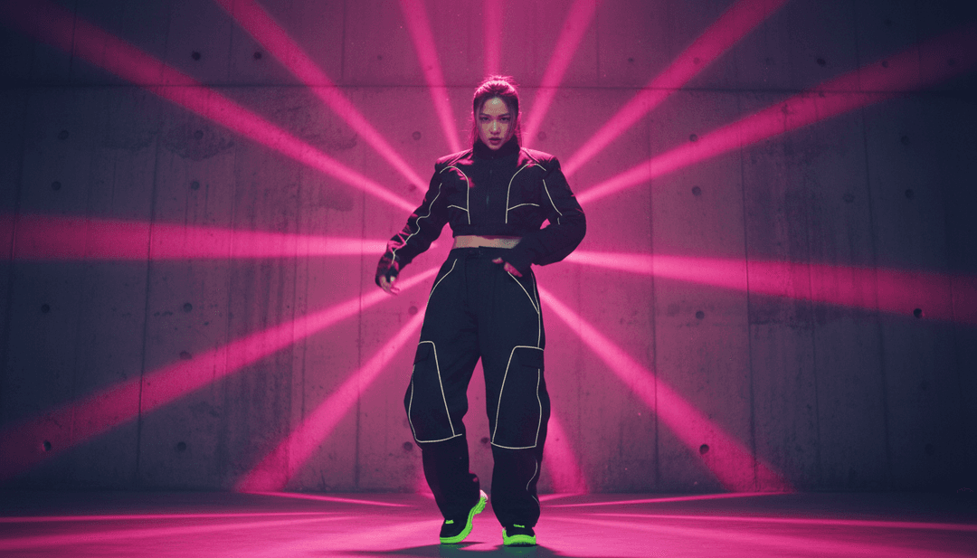 Visuales dinámicos de una escena de pista de baile, luces pulsantes y transiciones fluidas generadas por IA, que reflejan el género house y dance-pop de 'Somedays'.