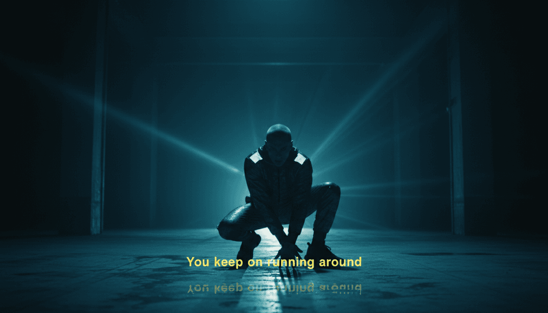 Effets visuels dynamiques synchronisés avec un rythme dance-punk, montrant des néons traversant une ville dystopique à grande vitesse.