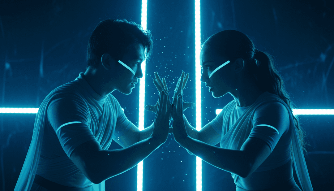 Dynamische, leuchtende Synth-Linien, die sich in Stadtlandschaften und tanzende Figuren verwandeln, veranschaulichen die Entwicklung des Songs von Audio zu Visual.