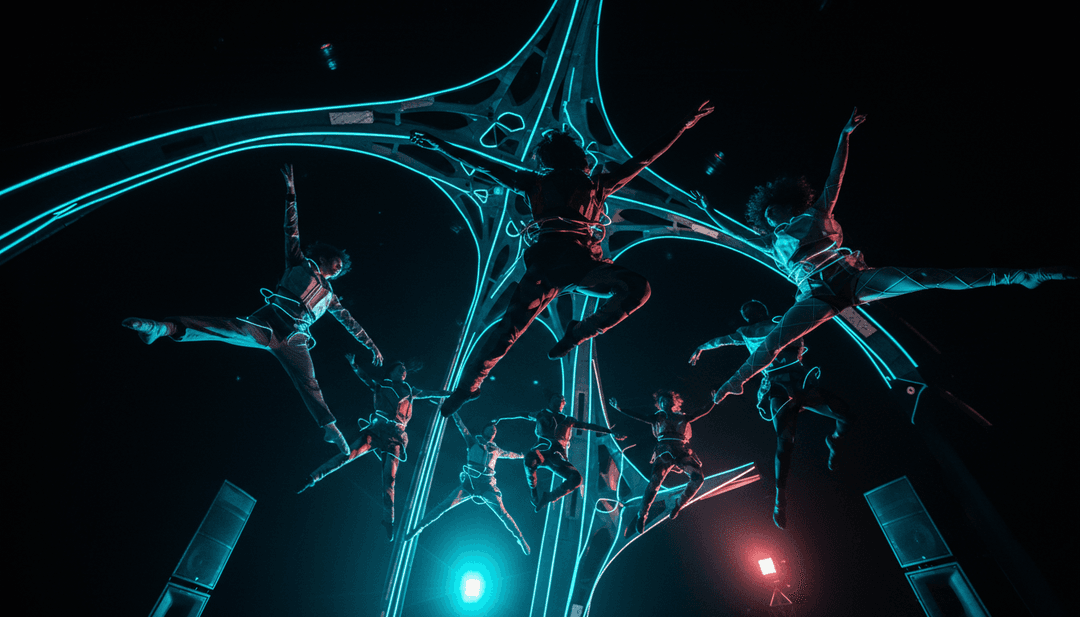 Visuales dinámicos, generados por IA para 'Nanana' mostrando luces de neón, patrones geométricos y tipografía cinética sincronizada con la acumulación y el 'drop' de la música.