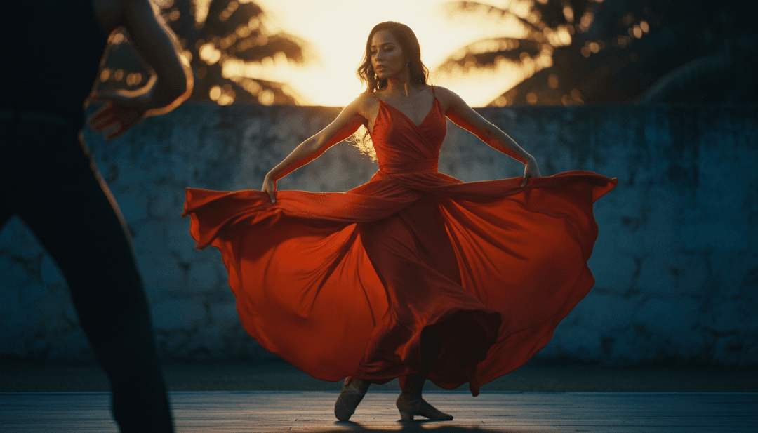 Dynamische visuelle Sequenz, die eine digitale Darstellung einer Kickdrum zeigt, die sich in eine Street-Dance-Szene verwandelt, überlagert mit fließenden R&B-Gesangsgrafiken.