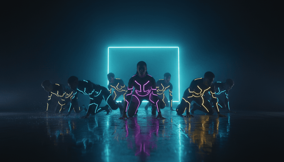 Multitud vibrante bailando bajo luces de neón futuristas, sincronizada con la música