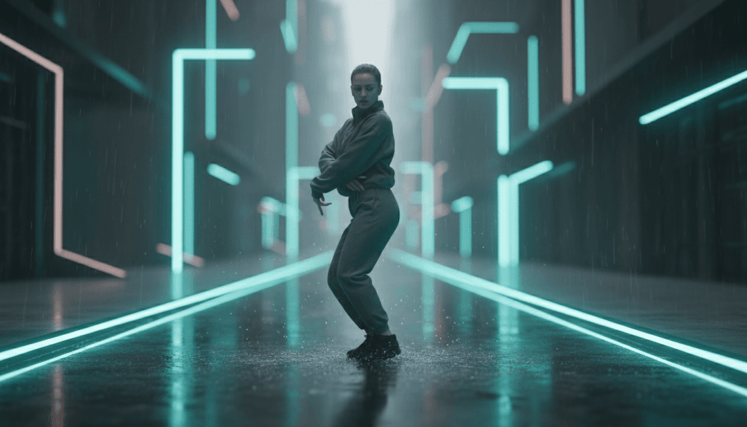 बहती हुई सिंथ तरंगों और चमकते कणों के साथ अमूर्त डिजिटल परिदृश्य, इलेक्ट्रॉनिक डांस संगीत शैली और 'There She Goes' के सार का प्रतिनिधित्व करता है।