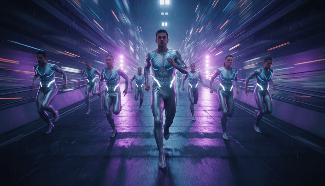 एक जीवंत शहरी सेटिंग में नियॉन लाइट ट्रेल्स के बीच नृत्य करते हुए चिकना, भविष्यवादी आंकड़े, 'There She Goes' के लिए संगीत को गति में बदलने का प्रतीक है।