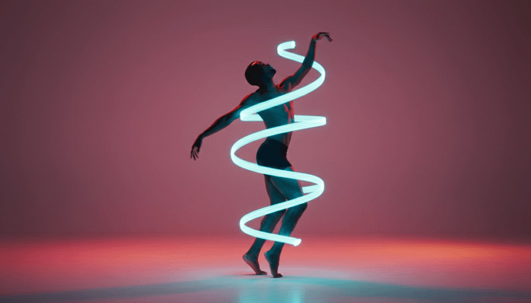 電子音樂高潮的動態視覺呈現,配合同步燈光、 swirling 能量和鮮豔色彩。