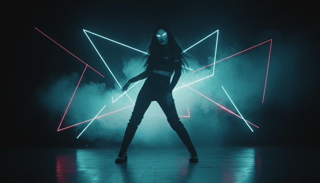 नियॉन रोशनी और डिजिटल कण प्रभावों के घूमते हुए भंवर के बीच डेक पर एक डीजे मिश्रण कर रहा है, जो इलेक्ट्रॉनिक संगीत के दृश्यों में जीवंत अनुवाद को दर्शाता है।