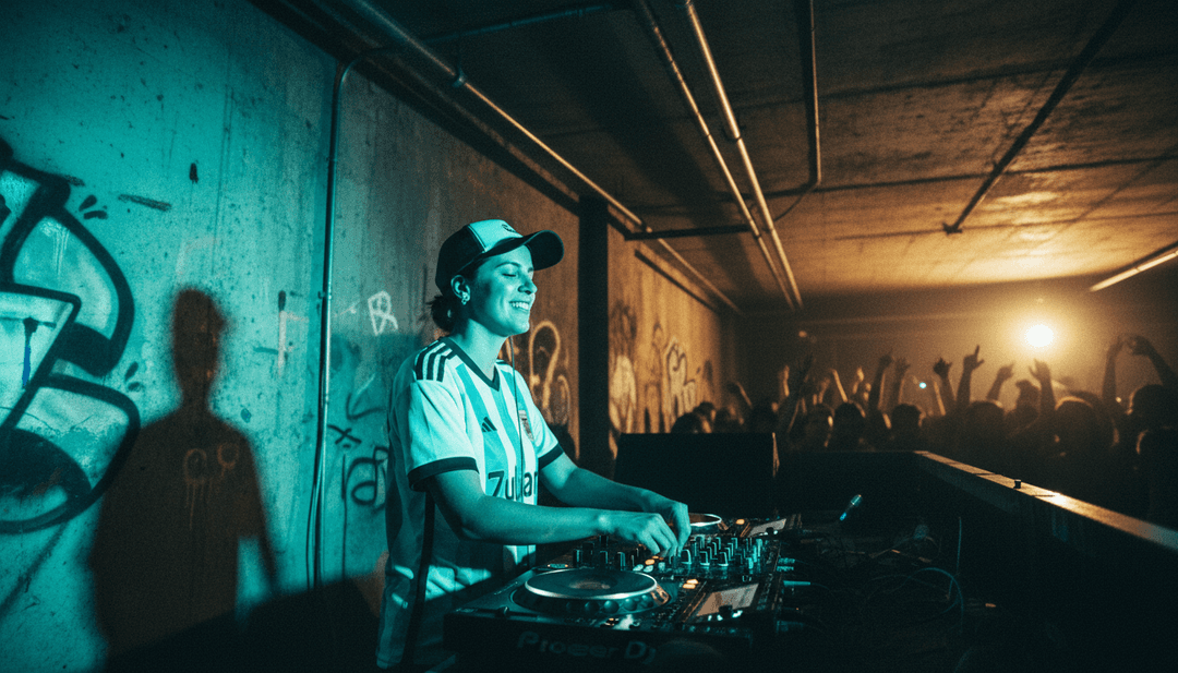 Visualização dinâmica de ondas sonoras transformando-se em partículas digitais brilhantes e formas geométricas em evolução, ilustrando o processo de criação de videoclipes de ZULAN.