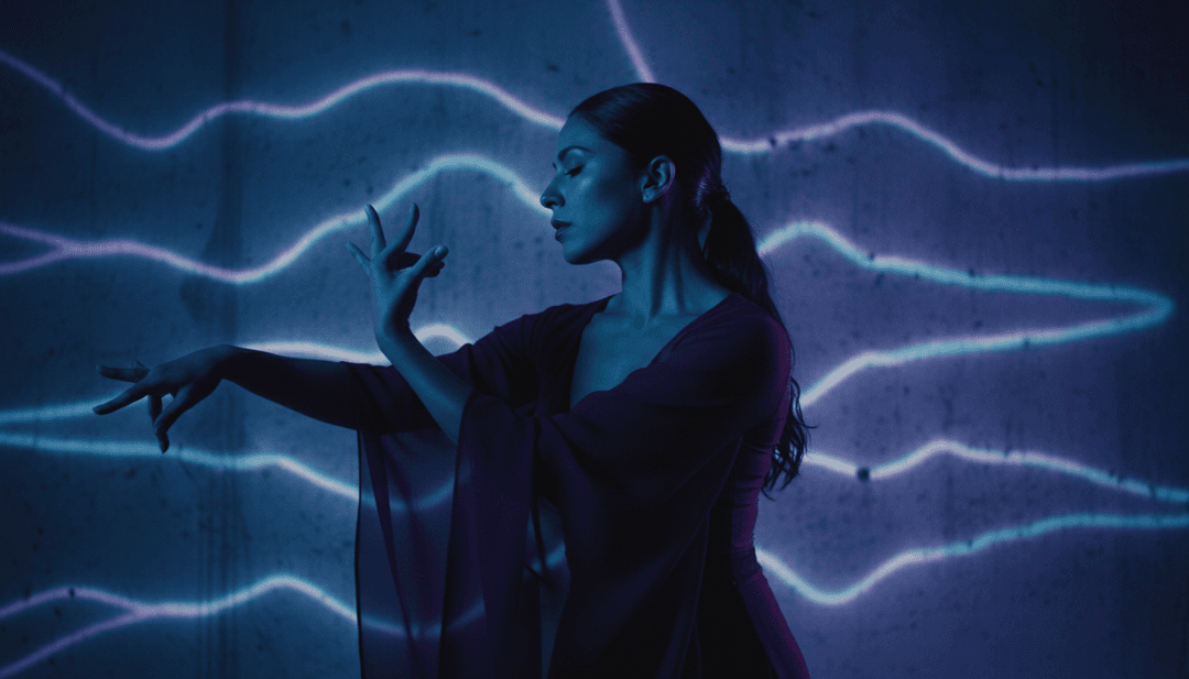 Abstrakte visuelle Darstellung von Schallwellen und lebendigen Farben, die die KI-Analyse der Musik von 'Rock My Body' symbolisiert.