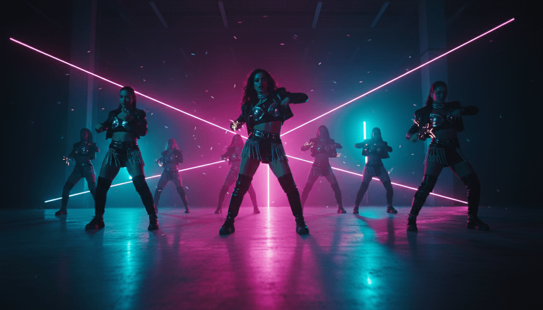 Dynamische Visuals von Tänzern in einer Clubumgebung, synchronisiert mit energiegeladenen Musikbeats und von KI generierten Lichteffekten.