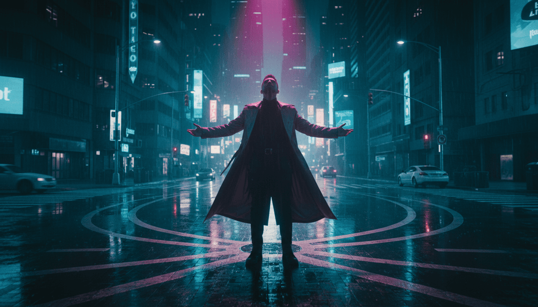 Dynamische visuelle Darstellung von Audio-Wellenformen aus 'HIGHJACK (right back)', die sich in eine lebendige Abfolge von urbanen Szenen, Street Art und abstrakten Lichteffekten umwandeln, was einen `MP3 to MP4 Converter` in Aktion demonstriert.