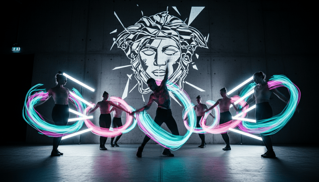 人们在大屏幕上观看为“Tell Me Why - MEDUZA Remix”定制生成的音乐视频,周围环绕着充满活力的视觉效果,展示用户赋能。