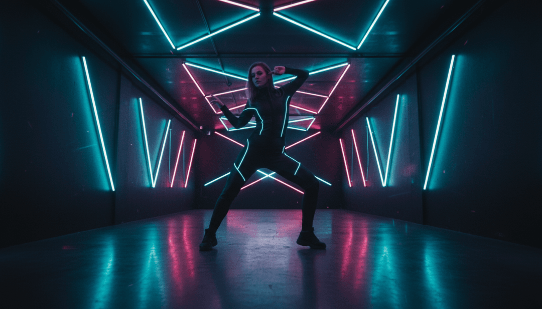 Visuels dynamiques générés par l'IA pour 'Cry For You (2025)' montrant des impulsions lumineuses rythmiques, des aurores numériques et des figures humaines abstraites au milieu d'un paysage urbain futuriste.