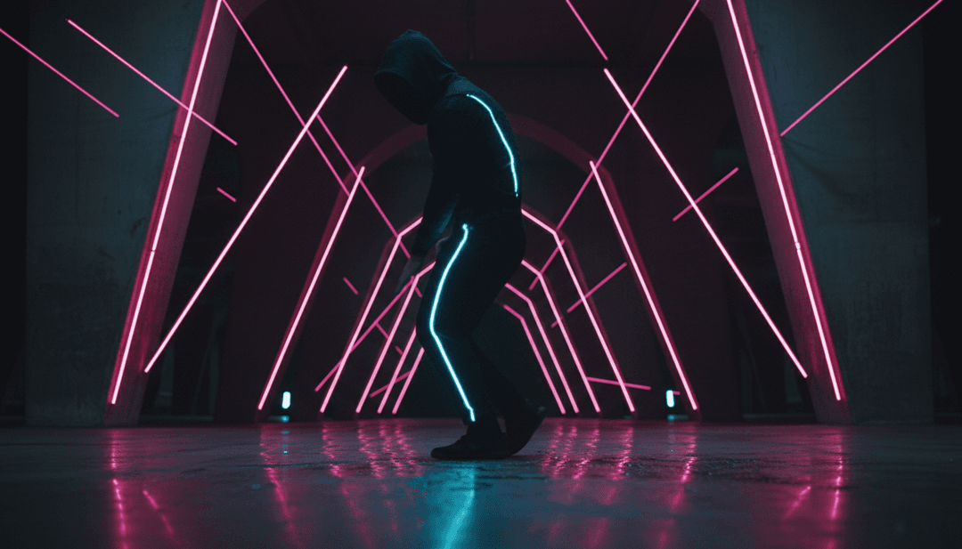 ध्वनि तरंगों को जटिल दृश्य प्रभावों और चरित्र आंदोलनों में बदलते हुए दर्शाती गतिशील डिजिटल कला।