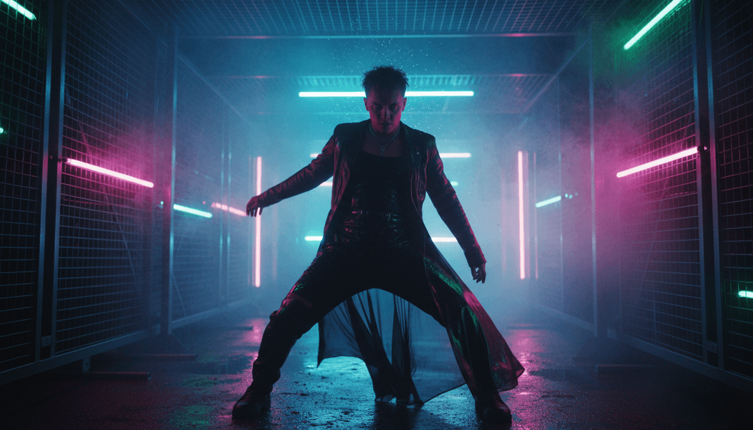 जीवंत और ऊर्जावान संगीत वीडियो स्थिर चित्र, भविष्य की रोशनी में नाचती हुई एक विविध भीड़ दिखा रहा है, जो गीत की ऊर्जा को दर्शाता है।