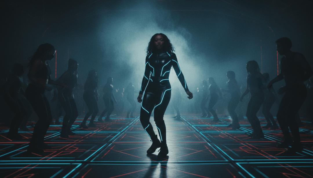 "Beggin'" के क्रेशेंड़ो पर गतिशील प्रकाश निशान और ऊर्जावान नर्तक, एक एआई म्यूजिक कवर जेनरेटर की शक्ति का प्रदर्शन करते हुए।