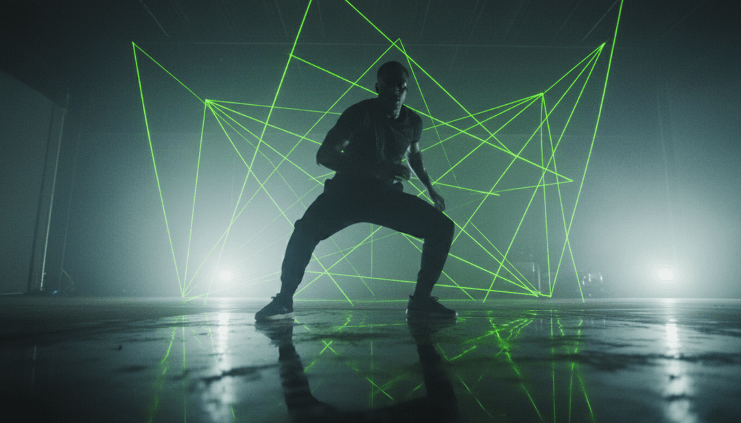 Immagini vivaci e astratte di flussi di luce e forme geometriche che si muovono in sincrono con la musica electro house, a rappresentare una sequenza di video musicale.