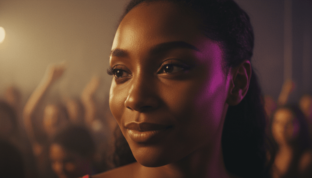 Dynamische Montage von intimen Nahaufnahmen, die in lebendige Tanzszenen übergehen, illustriert die visuelle Interpretation der R&B- und House-Elemente des Mashups durch die KI.