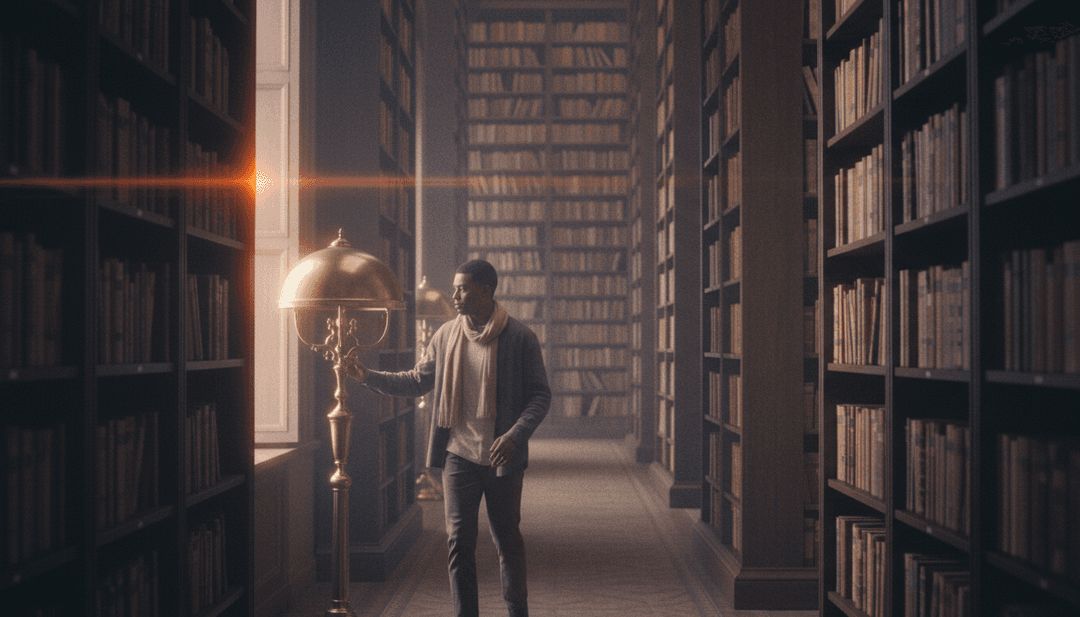 새벽 안개 낀 숲을 걷는 한 명의 인물을 묘사한 장면으로, 빛나는 점들이 그들의 길을 따라가는 미묘한 애니메이션이 노래의 부드러운 리듬을 반영합니다.