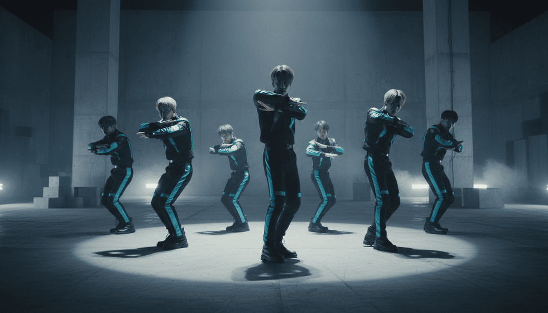 ध्वनि तरंगों का एक अमूर्त दृश्य प्रतिनिधित्व सुनहरे प्रकाश कणों में बदल रहा है, जो संगीत की एआई की व्याख्या और के-पॉप शैली से इसके संबंध का प्रतीक है।