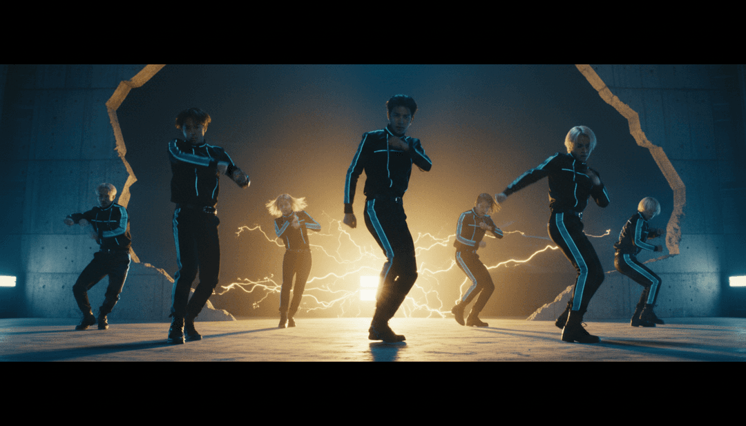 के-पॉप नृत्य चालों का गतिशील मोंटाज भविष्य के शहर के दृश्यों, जीवंत प्रकाश ट्रेल्स और चमकदार सुनहरे प्रभावों के साथ मिश्रित, संगीत के दृश्यों में अनुवाद को दर्शाता है।