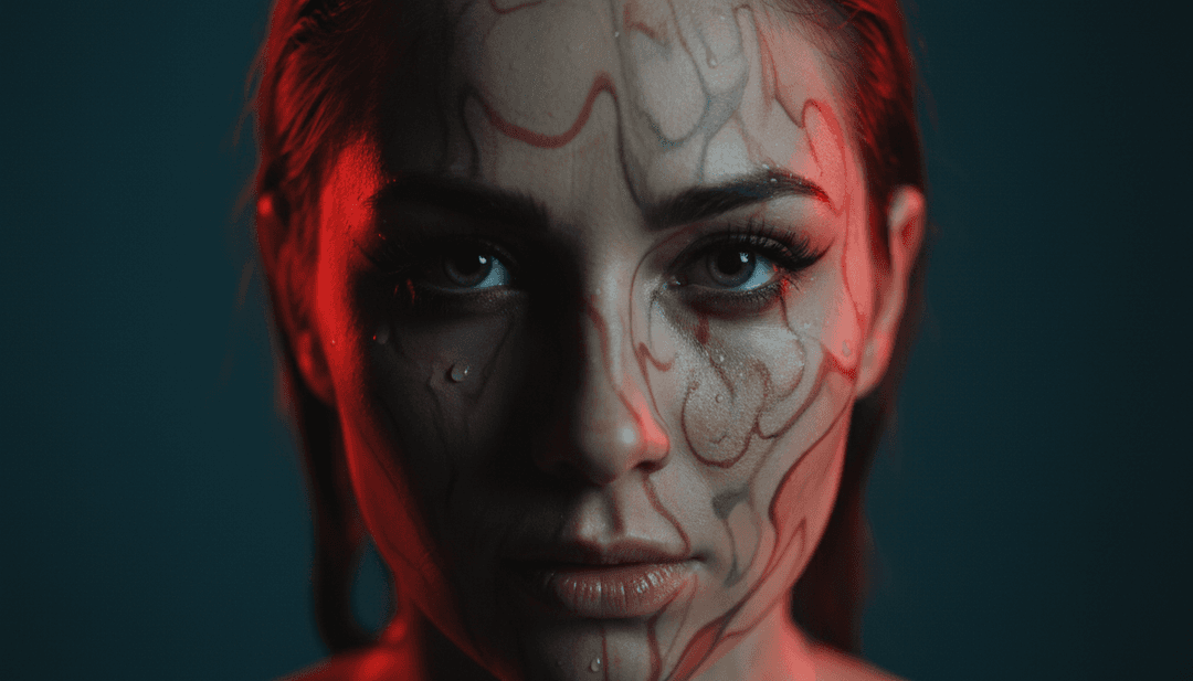 Eine dynamische Sequenz von Händen eines digitalen Künstlers, die komplexe visuelle Effekte komponieren, welche Synth-Wave-Muster und traumhafte Bilder widerspiegeln, verschmelzend mit einem verschwommenen Bild von Taylor Swift.