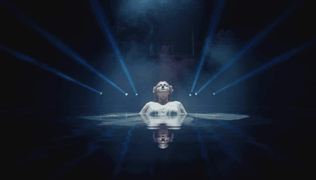 Ein modernes Kreativstudio, in dem eine Person mit einer KI-Oberfläche interagiert, die ein fertiges, hochwertiges Musikvideo für "The Fate of Ophelia" anzeigt.