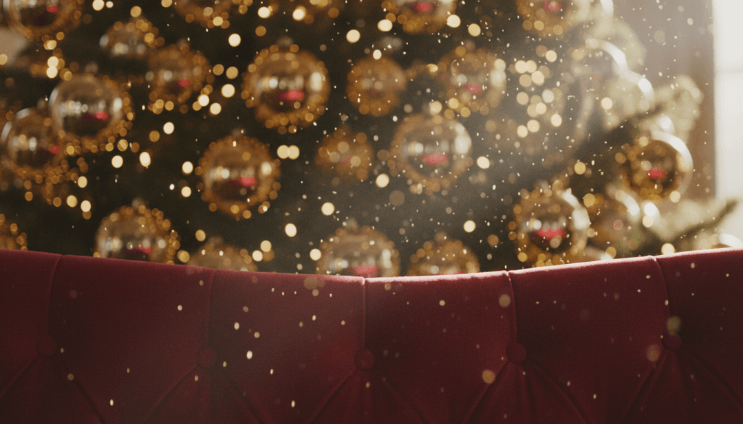 Un sistema AI che analizza le onde sonore di "All I Want for Christmas Is You" con immagini festive come neve e luci di Natale, a simboleggiare l'interpretazione artistica.