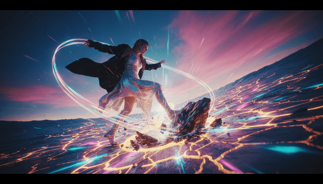 'Opalite' के लिए एक तैयार एआई संगीत वीडियो फ्रेम, जो Taylor Swift-प्रेरित सौंदर्यशास्त्र को चमकते ओपल और डिजिटल प्रभावों के साथ दिखाता है, जिसे freebeat.ai द्वारा प्रस्तुत किया गया है