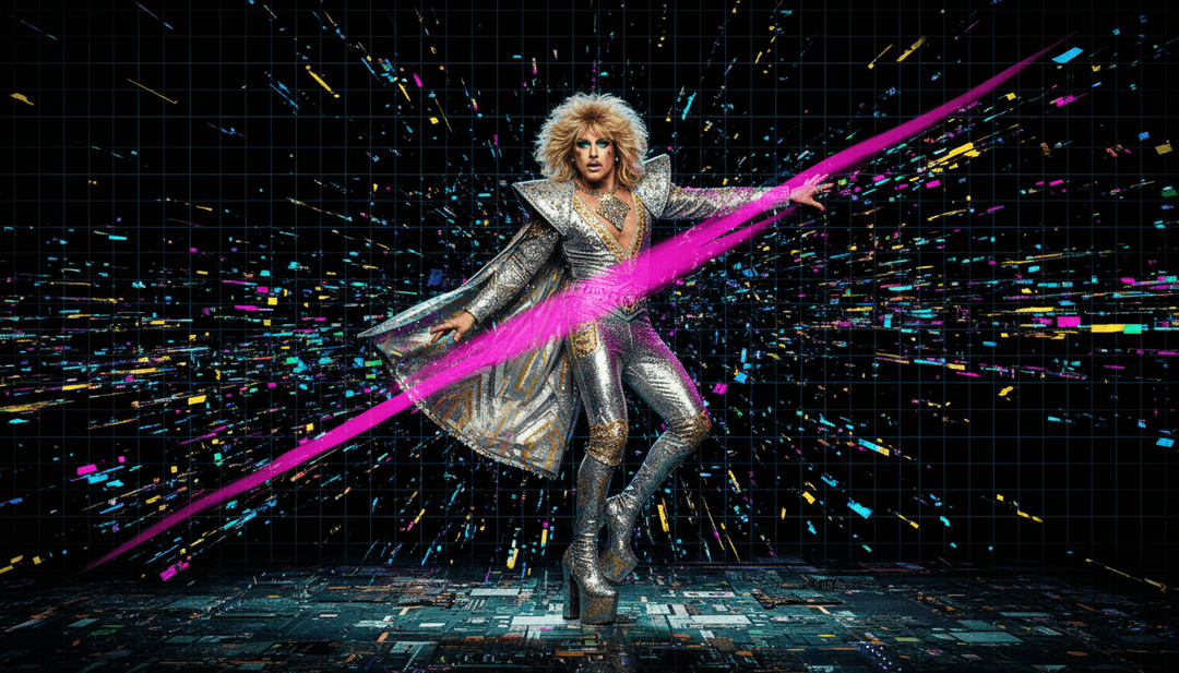 Uma imagem comemorativa de um videoclipe finalizado sendo reproduzido em uma tela, cercado por criadores entusiasmados.