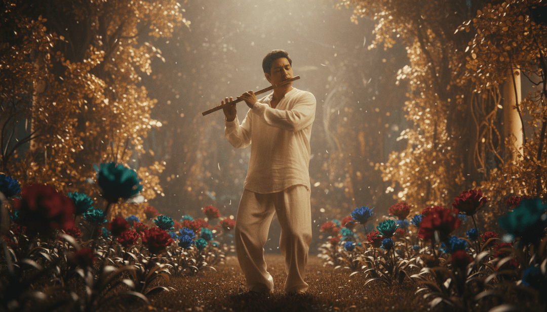 《Feliz Navidad》音樂的動態視覺呈現,展示空心吉他音符如何轉變為充滿活力的節日場景和舞動的人形。