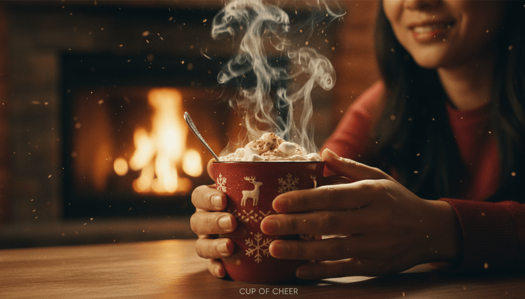 गतिशील दृश्य जिसमें अमूर्त संगीत नोट्स 'A Holly Jolly Christmas' के लिए एआई-जनरेटेड म्यूजिक वीडियो के भीतर उत्सवपूर्ण एनिमेटेड तत्वों जैसे बर्फ के टुकड़े, कैरोल गाने वाले और आरामदायक फायरप्लेस में बदलते हुए दिखाए गए हैं।