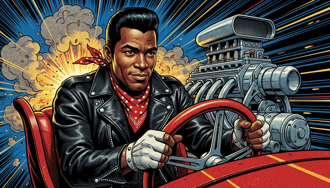 Chuck Berry의 'Run Rudolph Run' 파형을 분석하는 AI 인터페이스, 일렉트릭 기타와 반짝이는 조명 같은 축제 분위기의 로큰롤 요소를 보여줍니다.