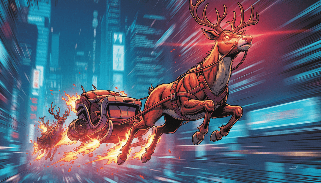 Chuck Berry의 기타 솔로에서 영감을 받아, 밤의 설원 도시를 날아가는 루돌프의 애니메이션 영상. 하늘에는 일렉트릭 기타 번개가 번개처럼 나타납니다.