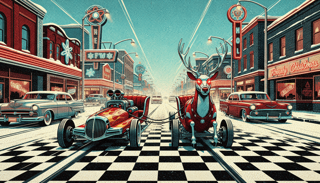 사용자가 태블릿에서 새로 생성된 'Run Rudolph Run' 뮤직비디오를 흥분하여 보고 있으며, freebeat.ai 로고가 선명하게 보입니다.