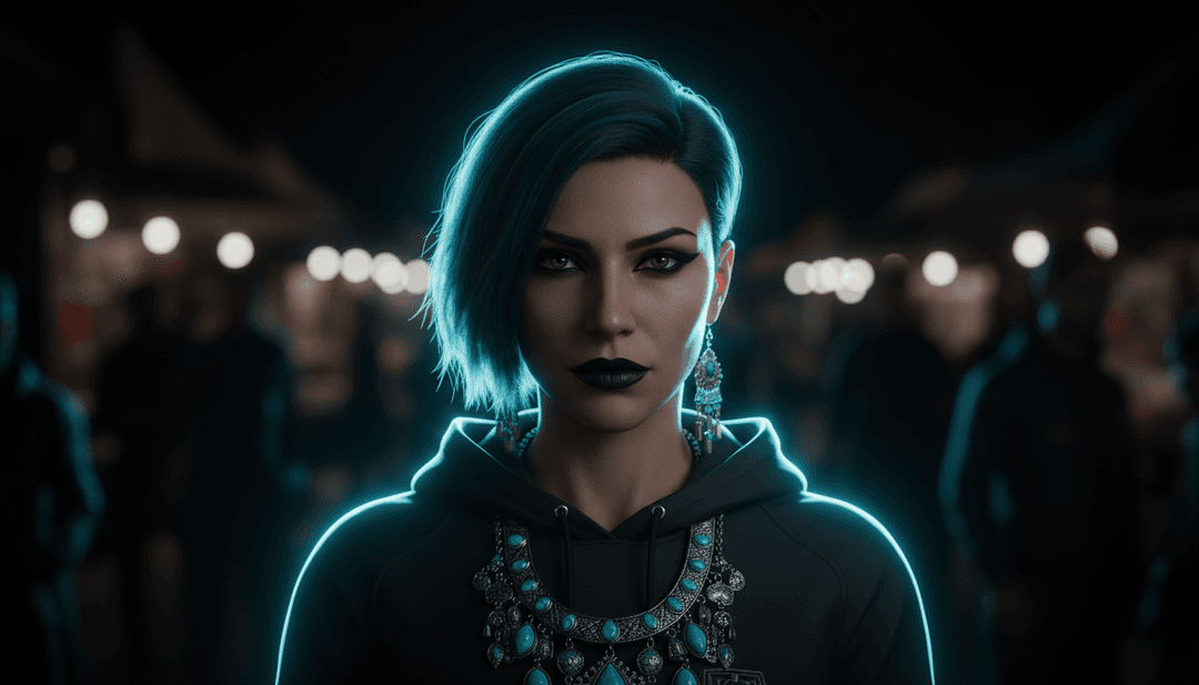 Uma interface de IA analisando ondas sonoras e temas líricos de 'No Broke Boys,' transformando dados abstratos em conceitos visuais vibrantes.