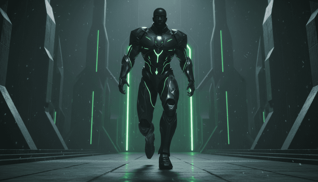 नाटकीय मंच प्रकाश व्यवस्था, ऑर्केस्ट्रल वाद्ययंत्र और एक छायादार आकृति को मिलाकर वैचारिक कला, Wicked से Cynthia Erivo के 'No Good Deed' की प्रारंभिक AI व्याख्या का प्रतिनिधित्व करती है।