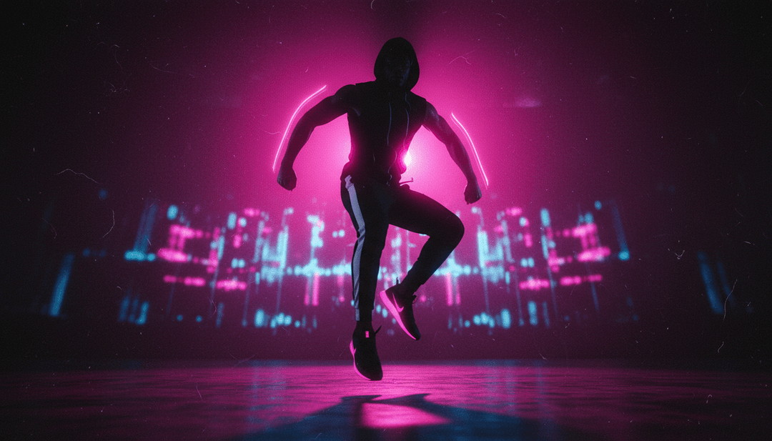 Motivi di luce ipnotici ed effetti digitali sincronizzati con beat techno dinamici, che dimostrano la conversione da MP3 a MP4.