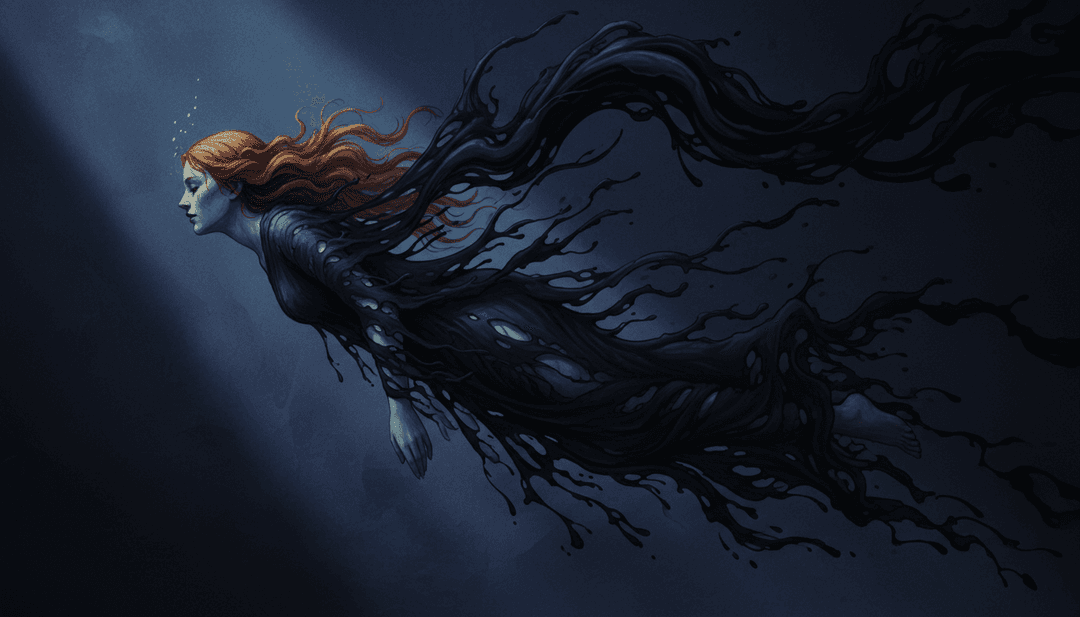 Taylor Swift의 신스팝 사운드에서 영감을 받아 흐르는 듯한 천과 부드러운 빛으로 몽환적이고 환상적인 이미지를 보여주는 "The Fate of Ophelia"를 위한 AI 생성 시각 개념.