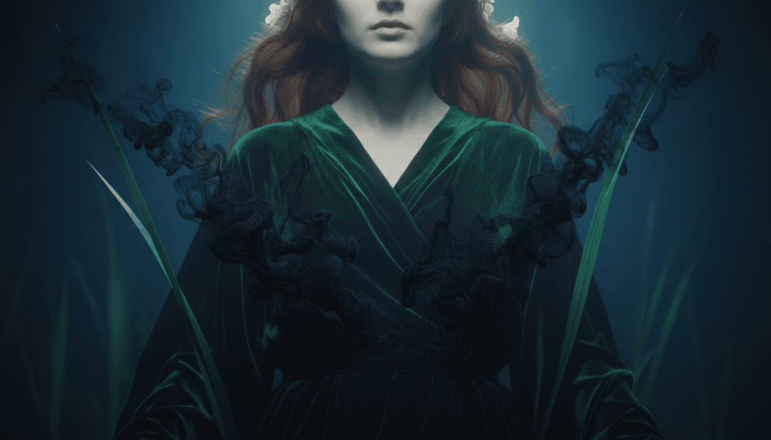 Taylor Swift의 예술적 스타일을 특징으로 하며, 신스 아르페지오를 반짝이는 빛 패턴으로, 보컬 하모니를 부드럽고 겹치는 질감으로 시각화한 "The Fate of Ophelia"를 위한 동적인 AI 생성 장면.