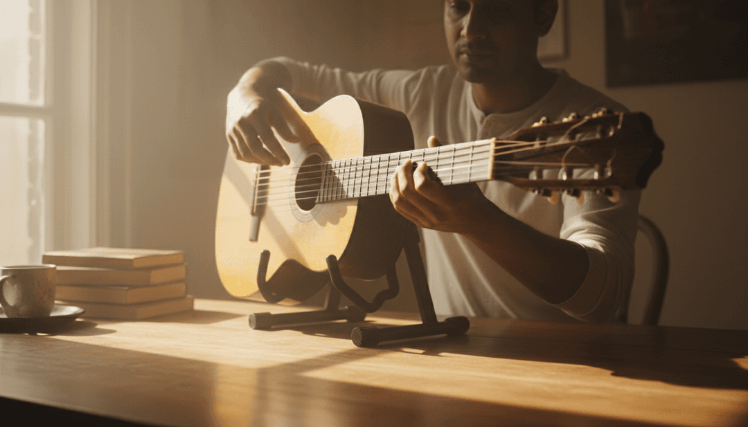 Scènes de clip musical générées par IA pour 'Ordinary' de Alex Warren, représentant des guitares acoustiques, un éclairage chaleureux et un récit de beauté simple.