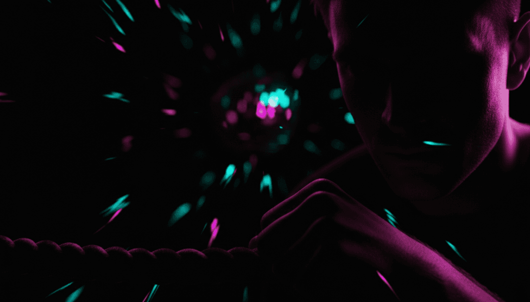 Paisagem urbana digital abstrata com luzes de néon pulsando ao ritmo de um synth-pop, representando o conceito central de '12 to 12' by sombr.